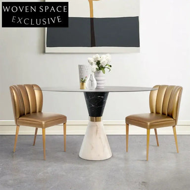 Chic Modern Round Black Marble Dining Table with Glass Top