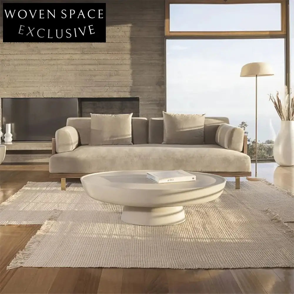 Chic Modern White Concrete Fiberglass Round Oval Living Room Coffee Table