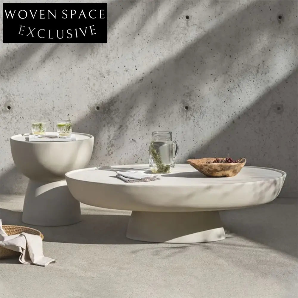 Chic Modern White Concrete Fiberglass Round Oval Living Room Coffee Table