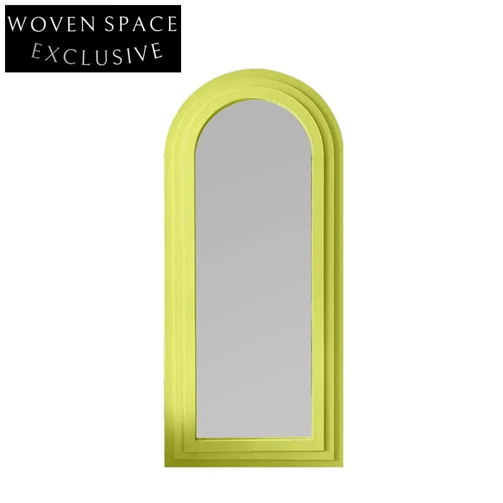 Chic Nordic Arch Full-Length Floor Mirror with Green Wood Edge