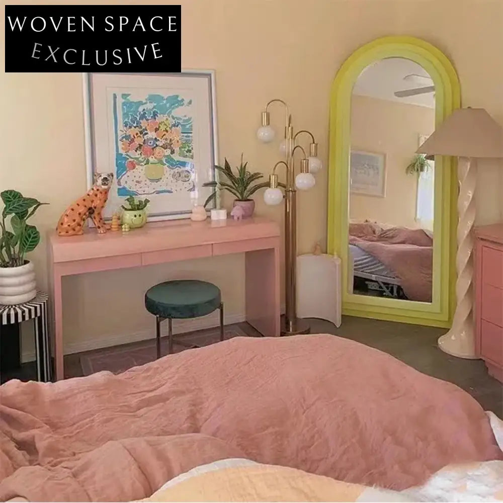 Chic Nordic Arch Full-Length Floor Mirror with Green Wood Edge