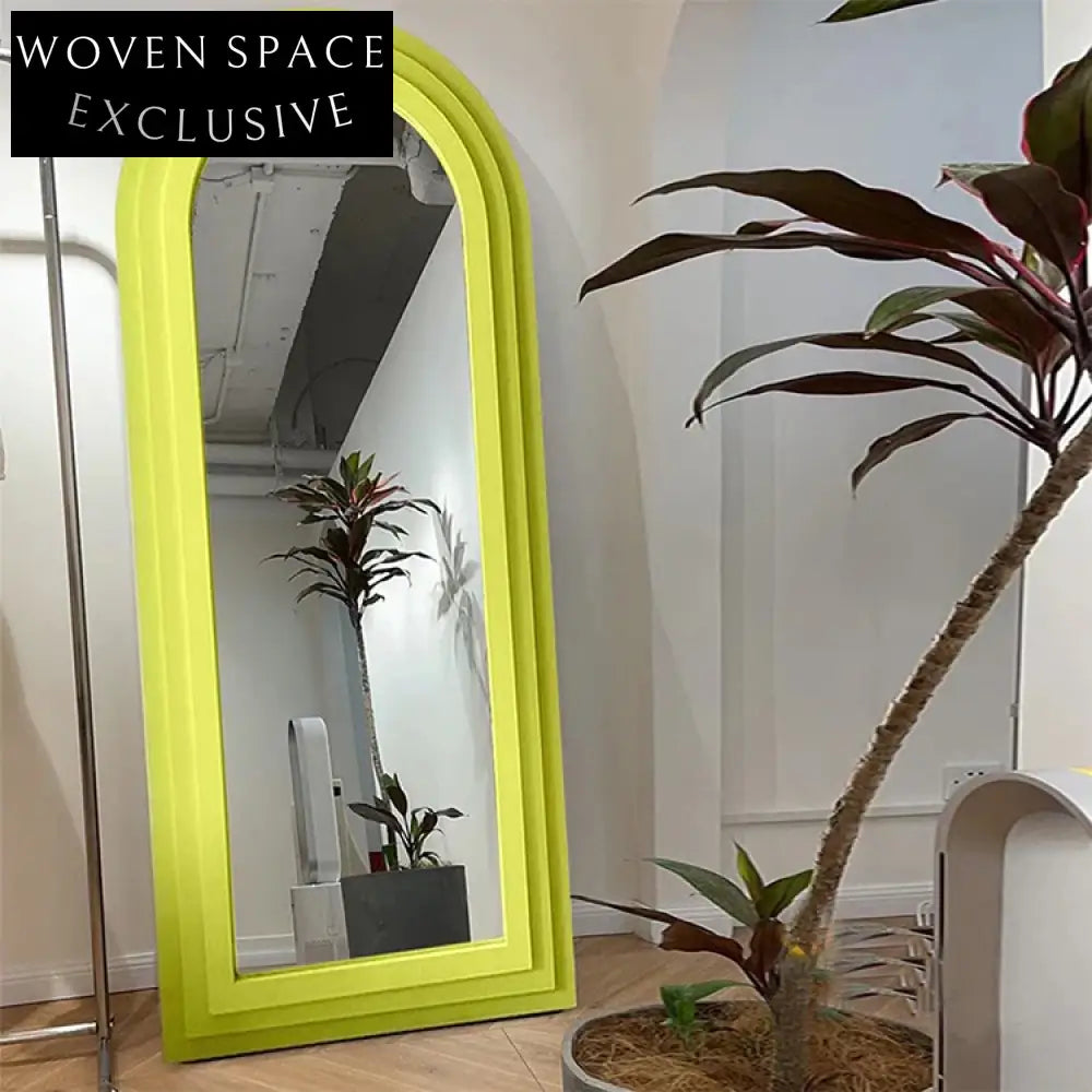 Chic Nordic Arch Full-Length Floor Mirror with Green Wood Edge