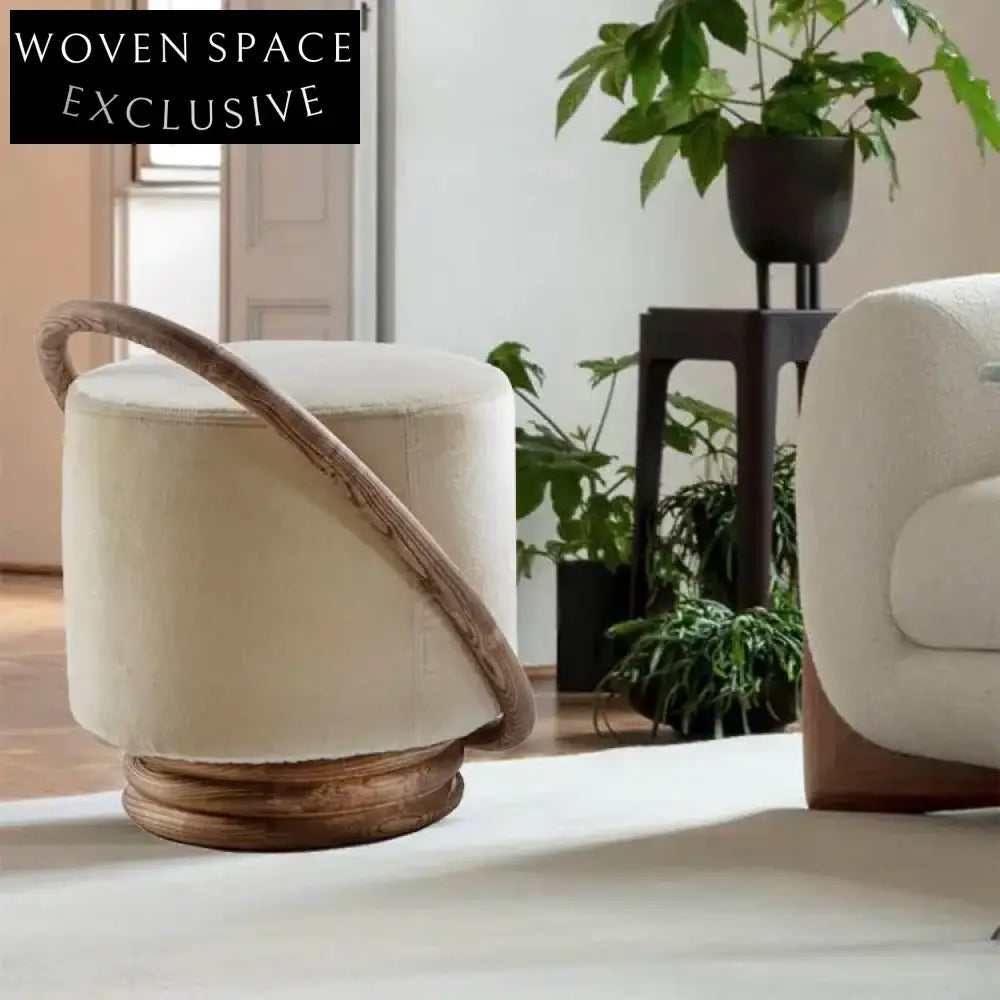 Chic Nordic Low Wood Lamb Wool Soft Boucle Ottoman Pouf Stool