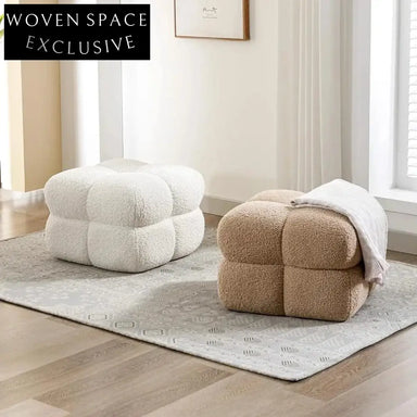 Chic Nordic Square Boucle Ottoman Stool, Small Teddy Fabric Accent Chair