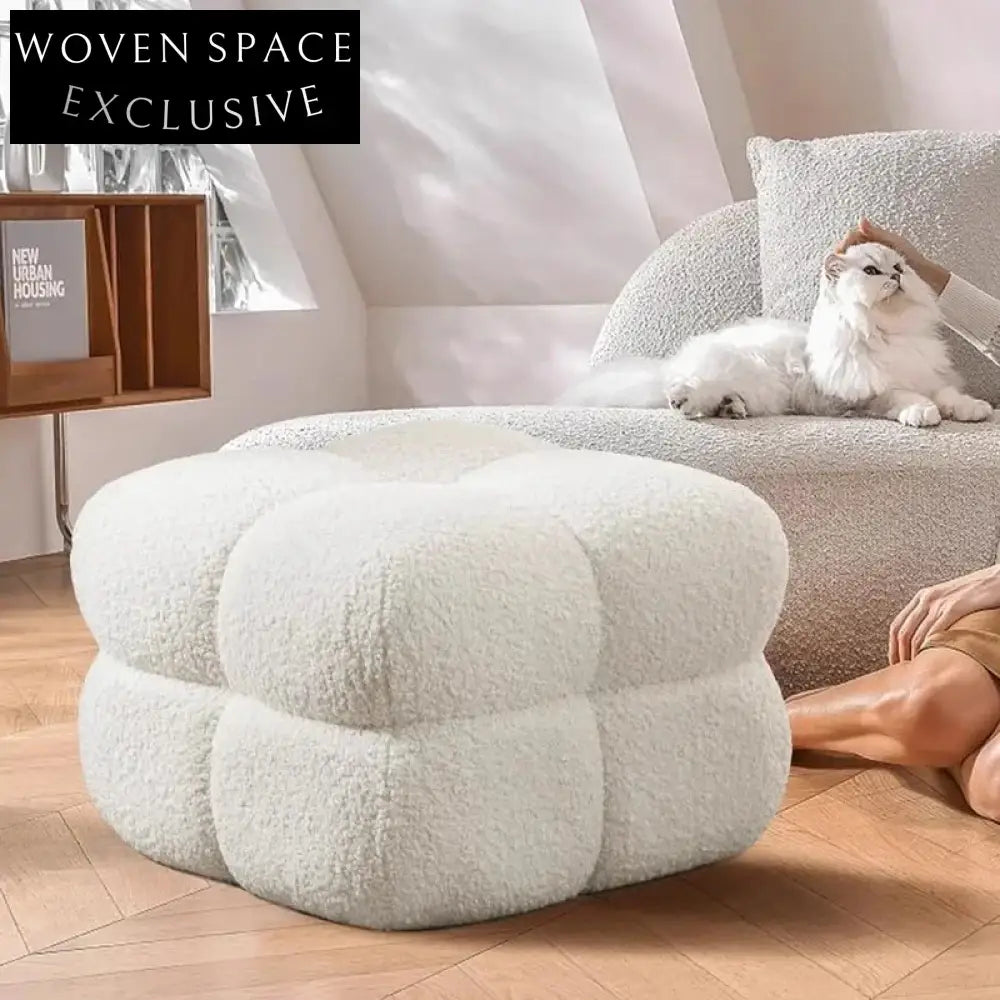 Chic Nordic Square Boucle Ottoman Stool, Small Teddy Fabric Accent Chair