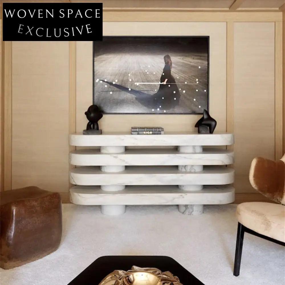 Chic Oval Natural White Marble Console Table with Elegant Column Base