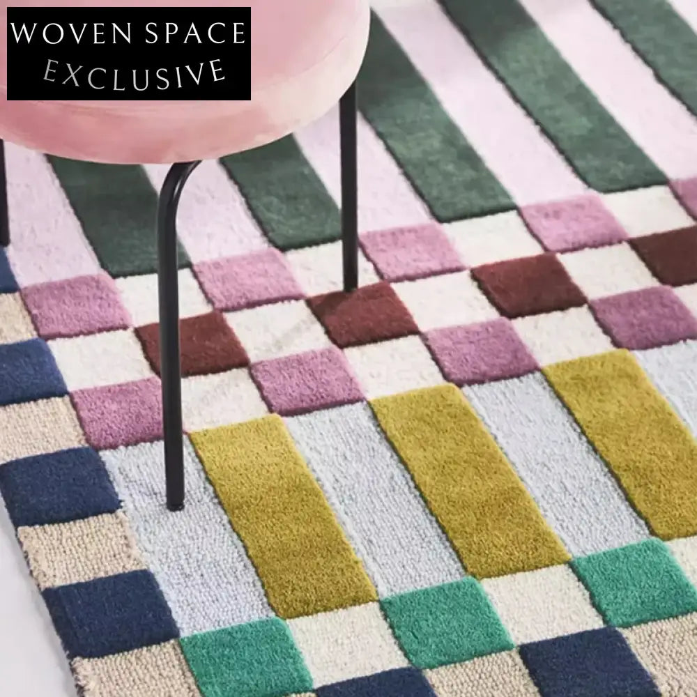 Chic Pink Plaid Custom Handmade Polyester Area Rug for Modern Bedroom Living Room