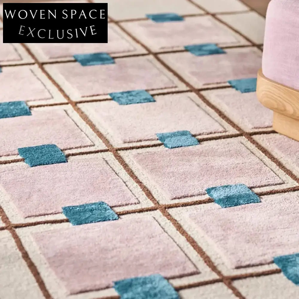 Chic Pink Plaid Custom Handmade Polyester Area Rug for Modern Bedroom Living Room