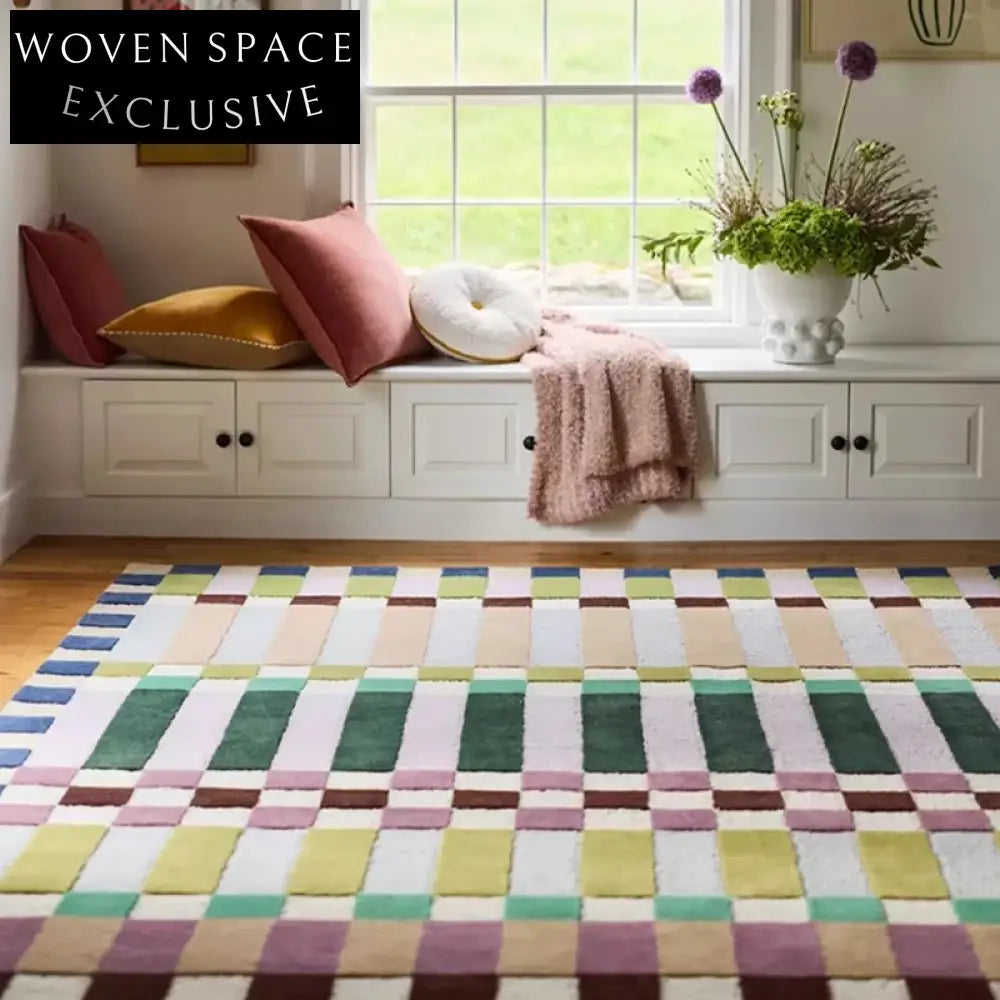 Chic Pink Plaid Custom Handmade Polyester Area Rug for Modern Bedroom Living Room