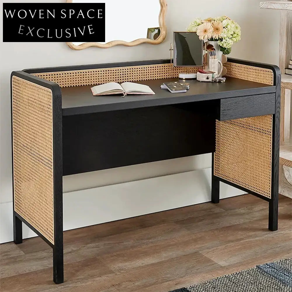 Chic Rattan Solid Ash Wood Vintage Study Learning Bedroom Dressing Table