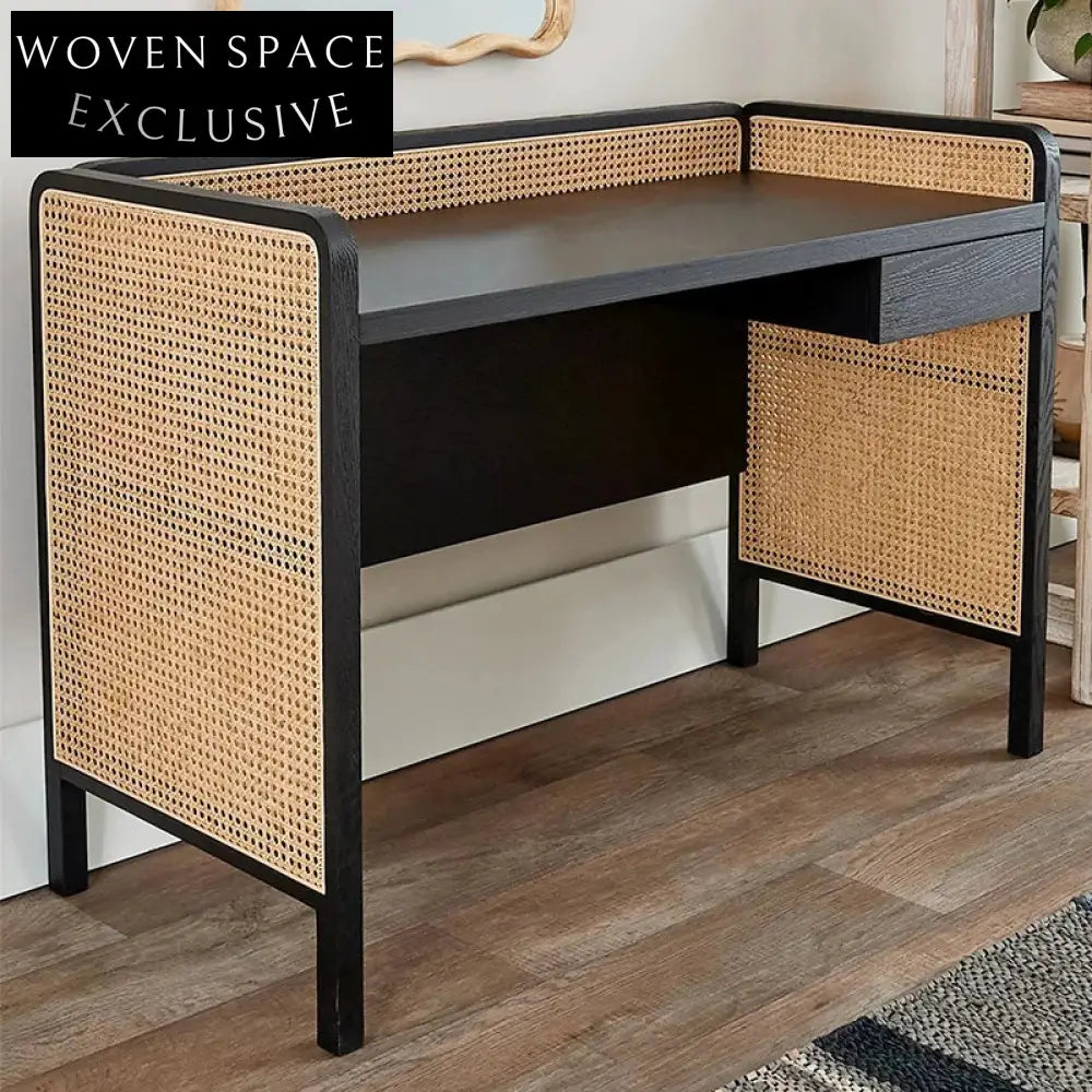 Chic Rattan Solid Ash Wood Vintage Study Learning Bedroom Dressing Table