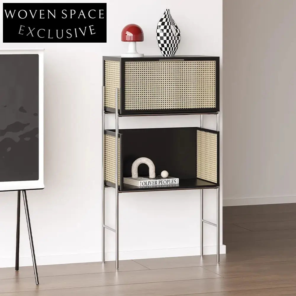 Chic Rattan & Wood Side Cabinet with Metal Base for Modern Home Living
