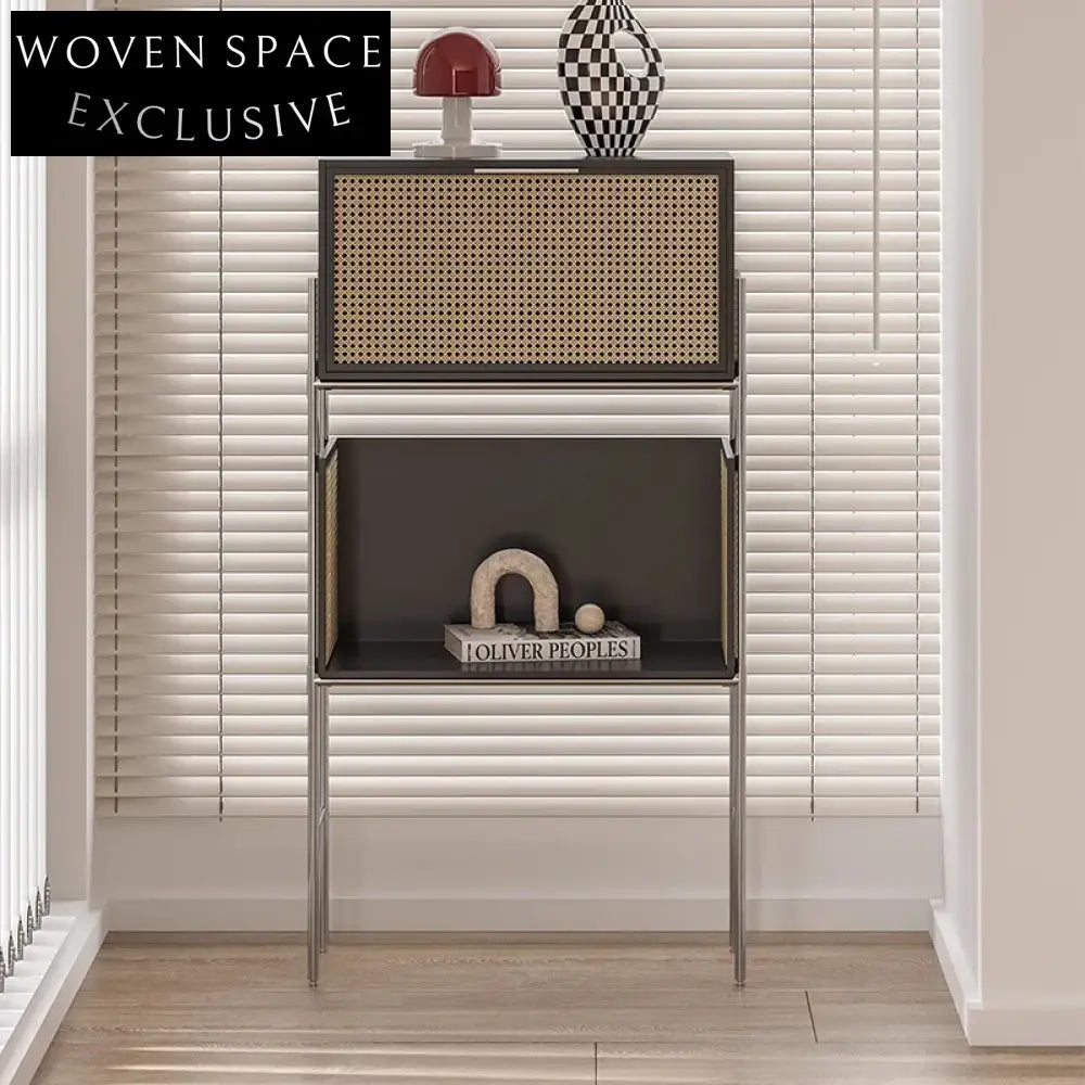 Chic Rattan & Wood Side Cabinet with Metal Base for Modern Home Living