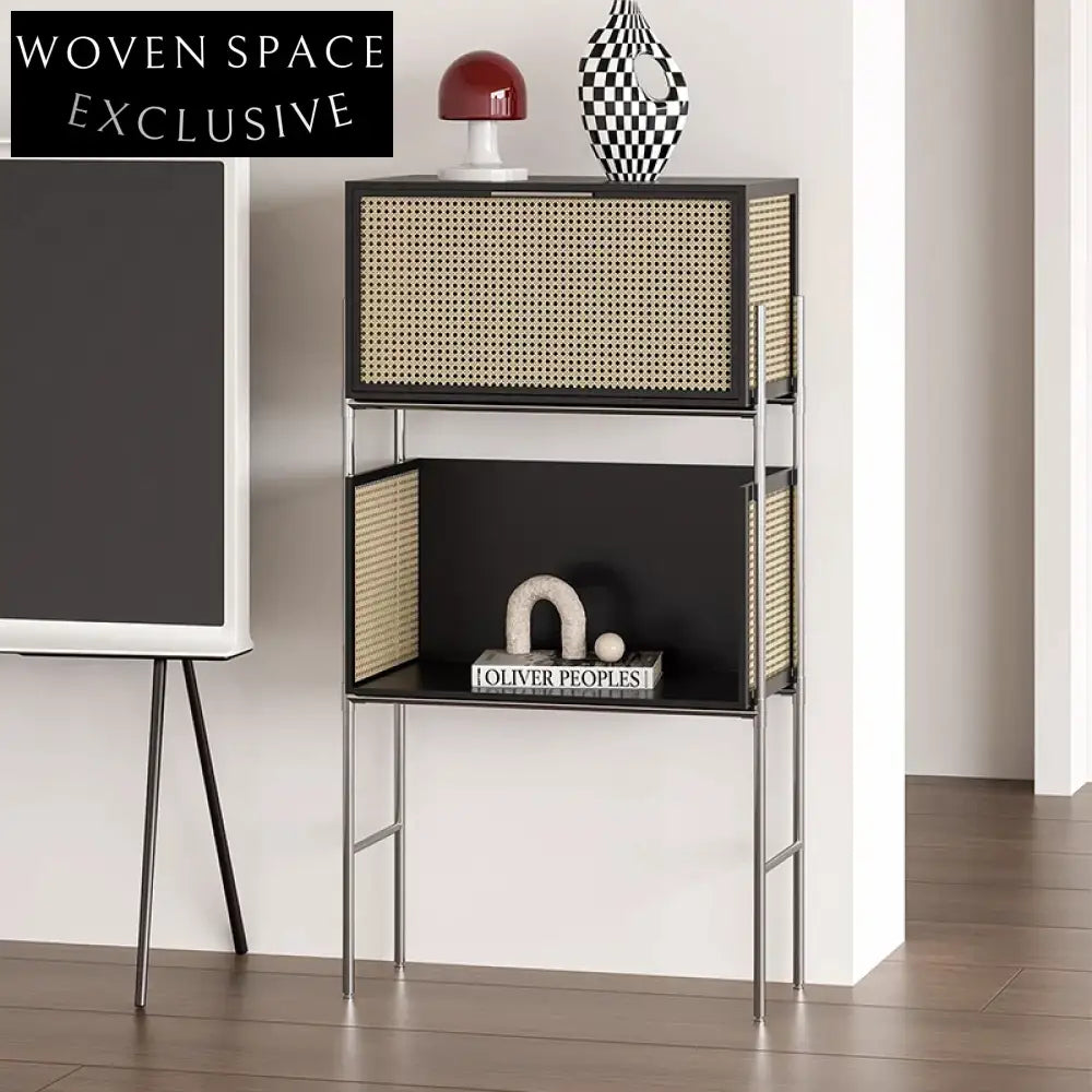 Chic Rattan & Wood Side Cabinet with Metal Base for Modern Home Living