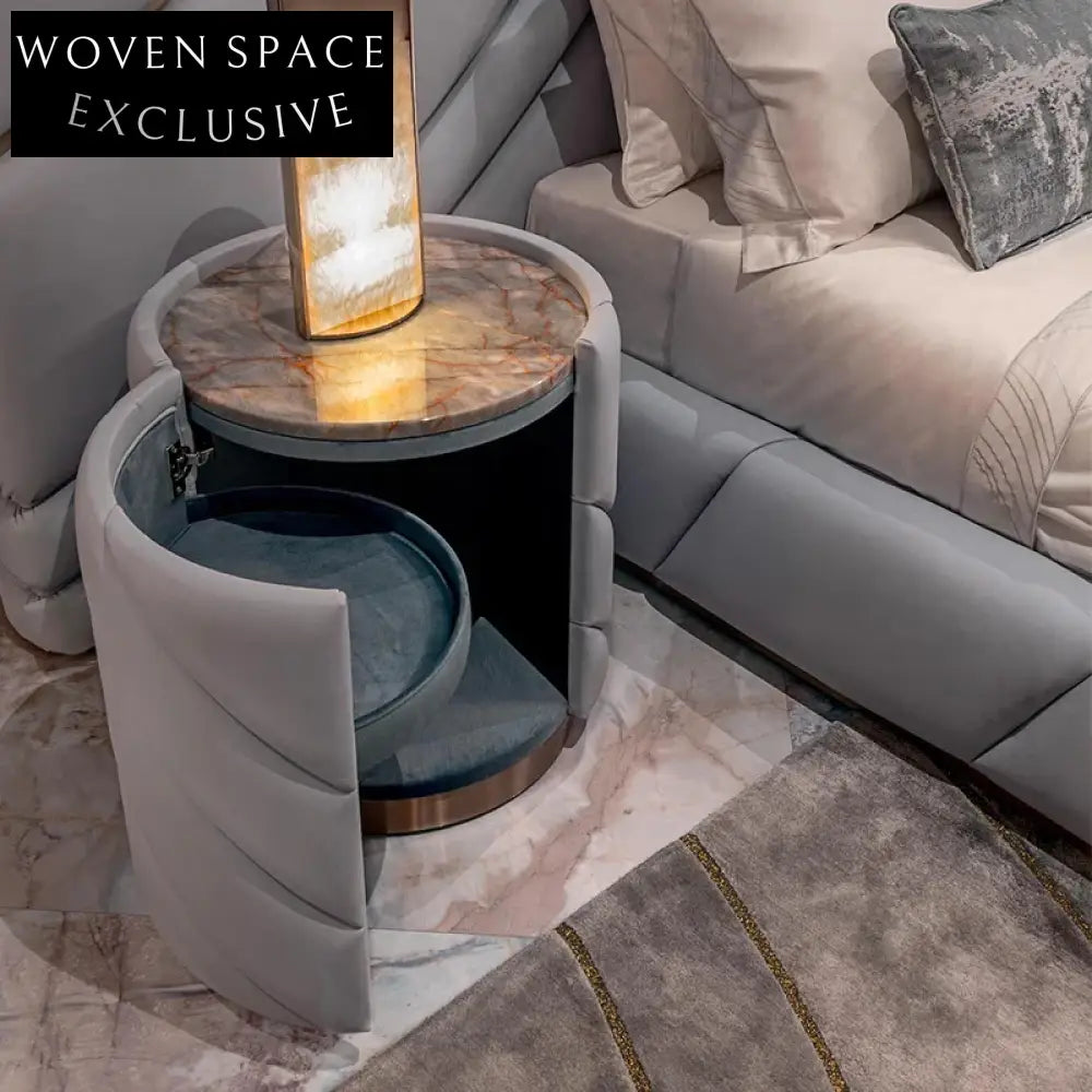 Chic Round Marble Top Leather Nightstand for Bedrooms with Storage