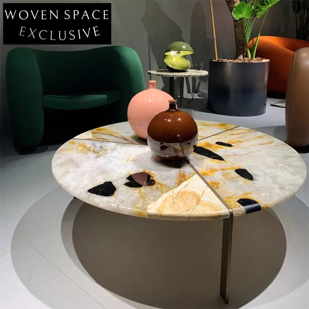 Chic Round Marble Top Living Room Gold Metal Base Coffee Table