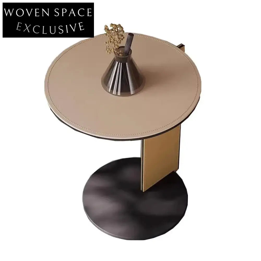 Chic Round Metal Side Table, Faux Leather Top Coffee Table