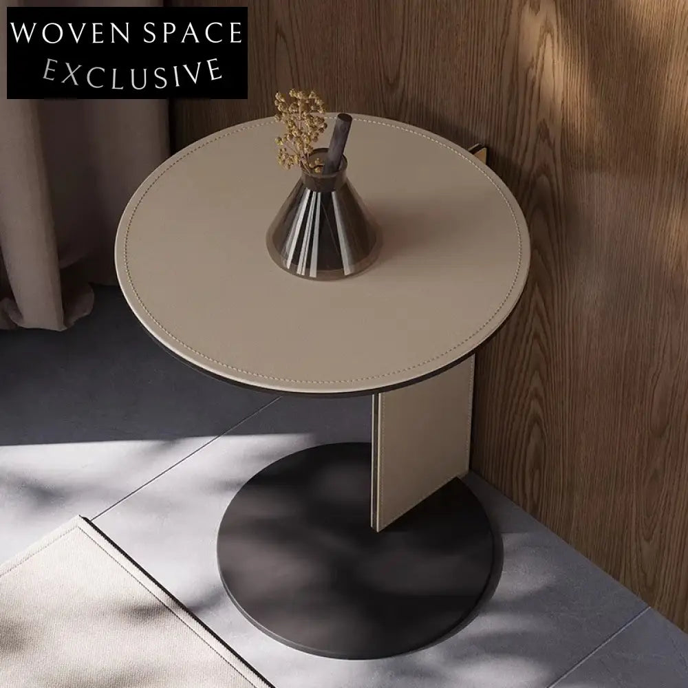 Chic Round Metal Side Table, Faux Leather Top Coffee Table