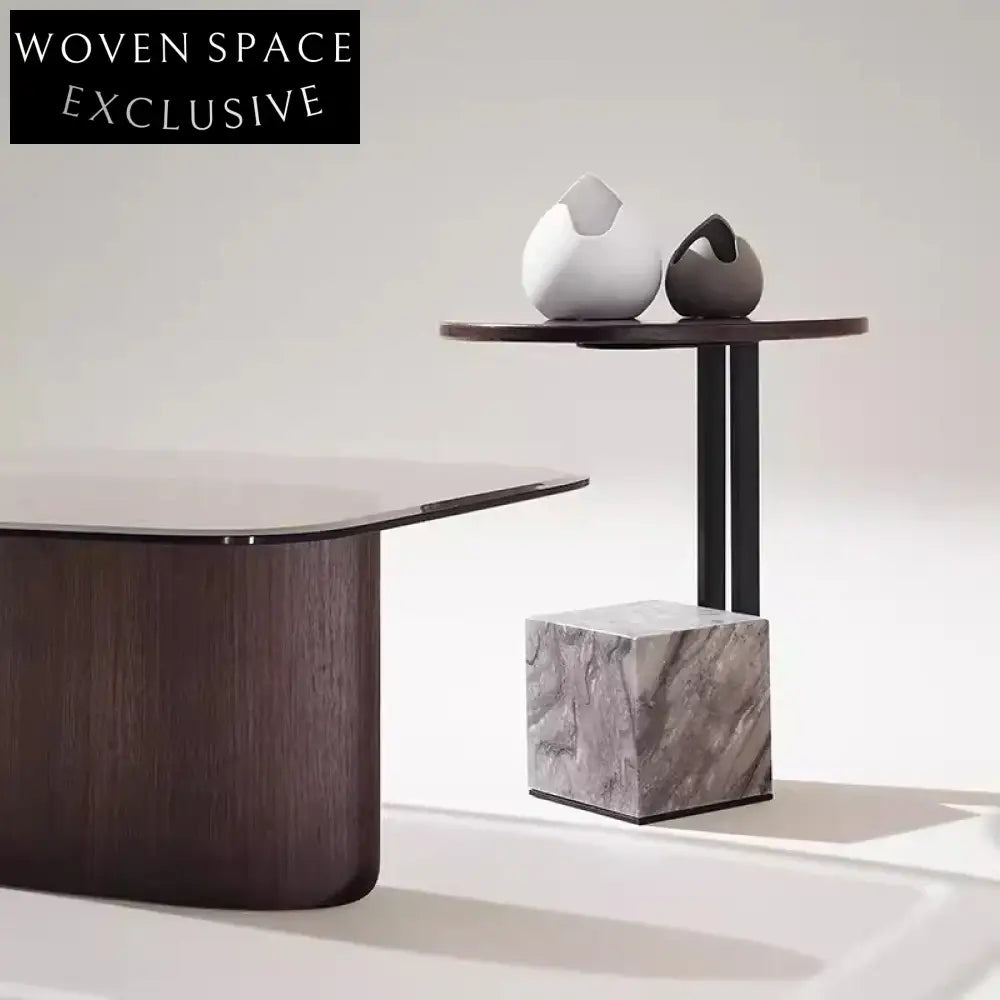 Chic Round Plywood Top Marble Base Living Room Accent Coffee Table