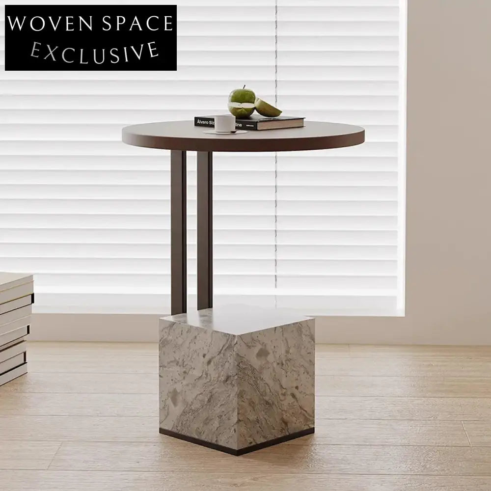 Chic Round Plywood Top Marble Base Living Room Accent Coffee Table