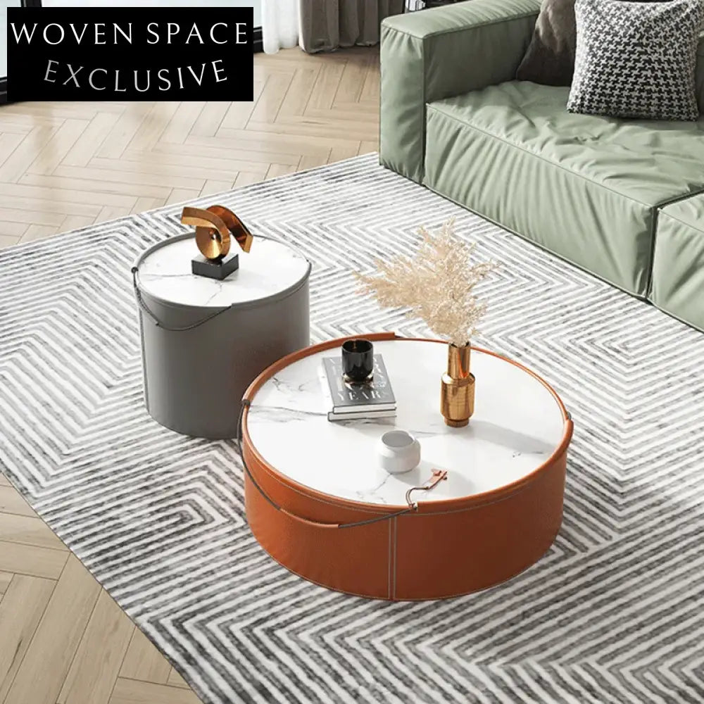 Chic Round Slate Top Leather Base Nesting Coffee Table Set