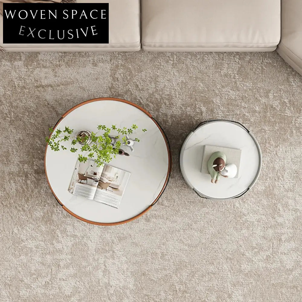 Chic Round Slate Top Leather Base Nesting Coffee Table Set