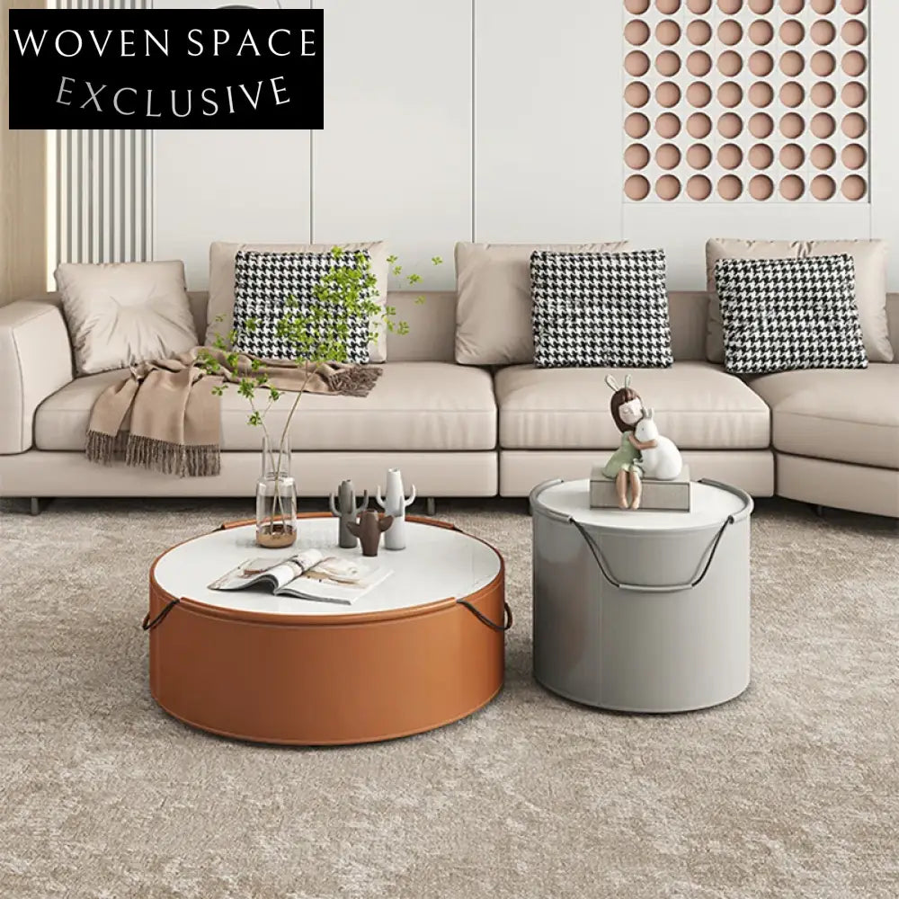 Chic Round Slate Top Leather Base Nesting Coffee Table Set