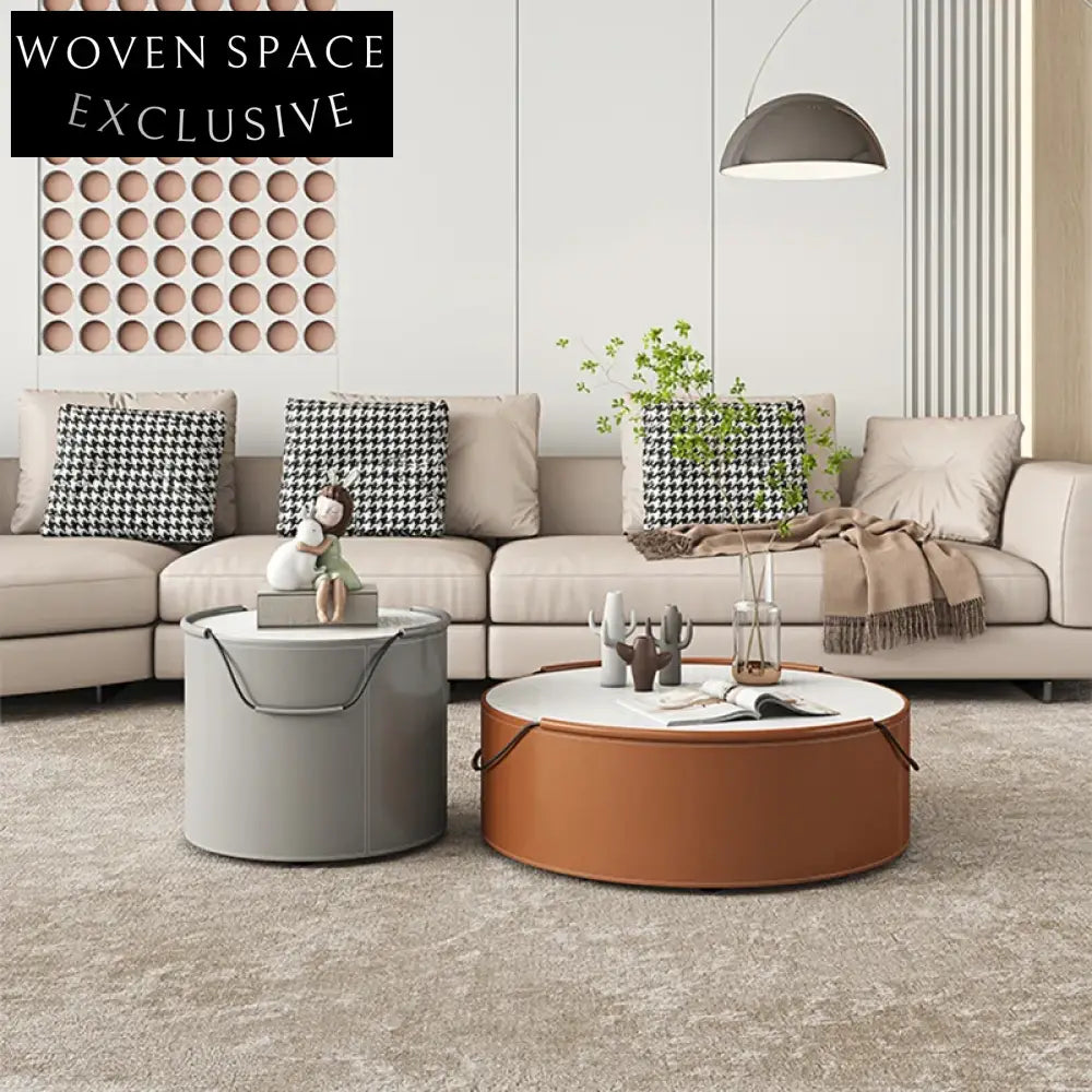 Chic Round Slate Top Leather Base Nesting Coffee Table Set