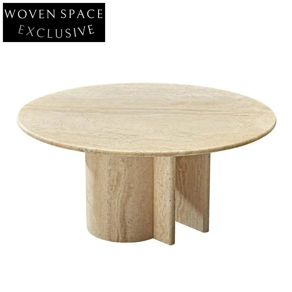 Chic Round Travertine Coffee Table, Natural Stone Modern Centerpiece for Living Room