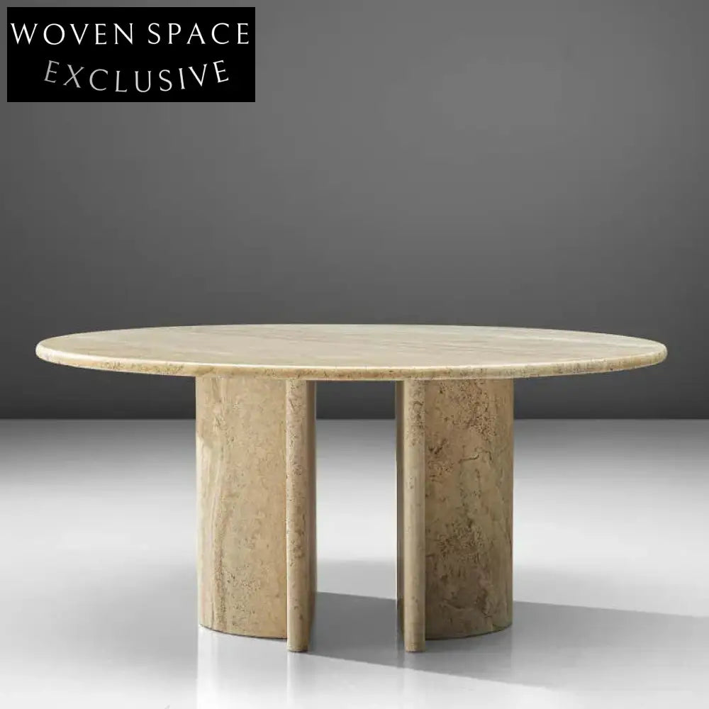 Chic Round Travertine Coffee Table, Natural Stone Modern Centerpiece for Living Room