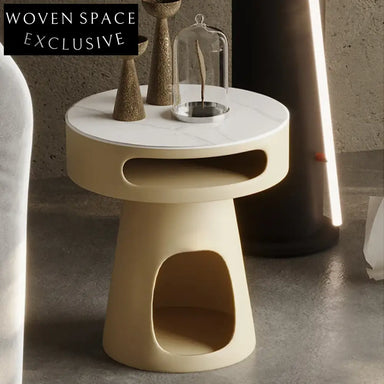 Chic Round Wood Coffee Table with Slate Top and Hidden Storage