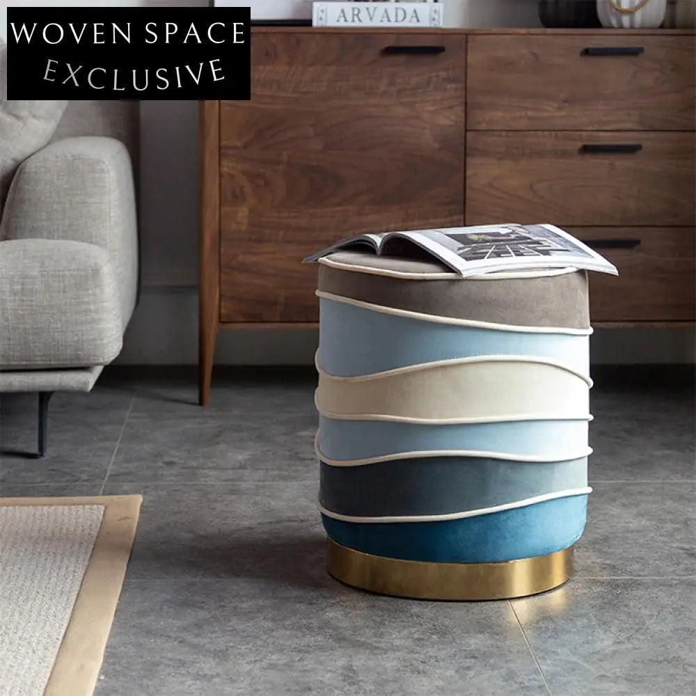 Chic Scandinavian Modern Velvet Round Ottoman Pouf with Gold Base Stool
