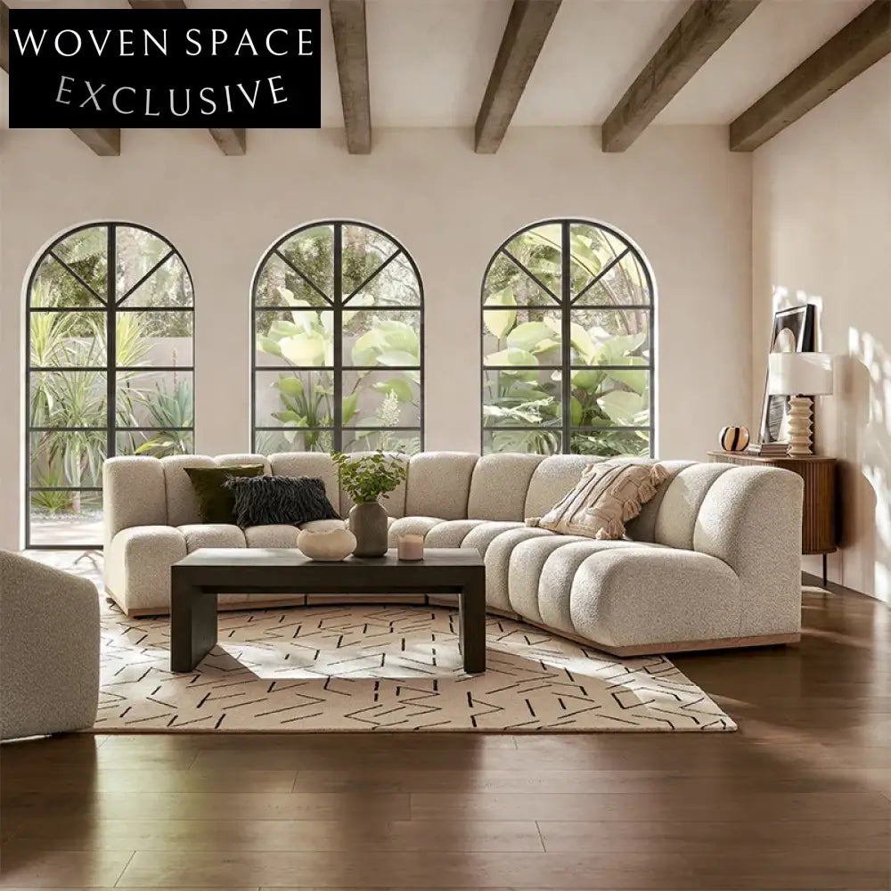 Chic Teddy Fabric Curved Sectional Floor Sofa with Pine Wood Frame