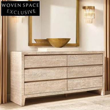 Chic Travertine Marble 6-Drawer Hallway Accent Cabinet