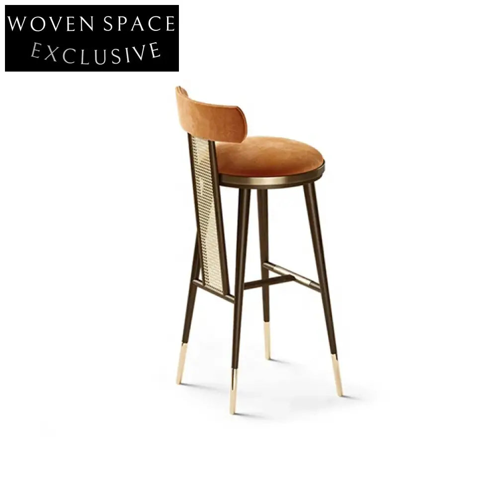 Chic Velvet Rattan Counter Bar Stool with Elegant Golden Wood Legs