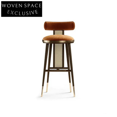 Chic Velvet Rattan Counter Bar Stool with Elegant Golden Wood Legs