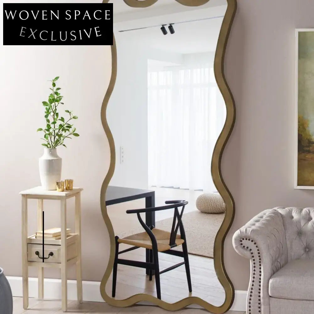 Chic Wavy Full Length Floor Mirror, Modern Wooden Frame Home Decor