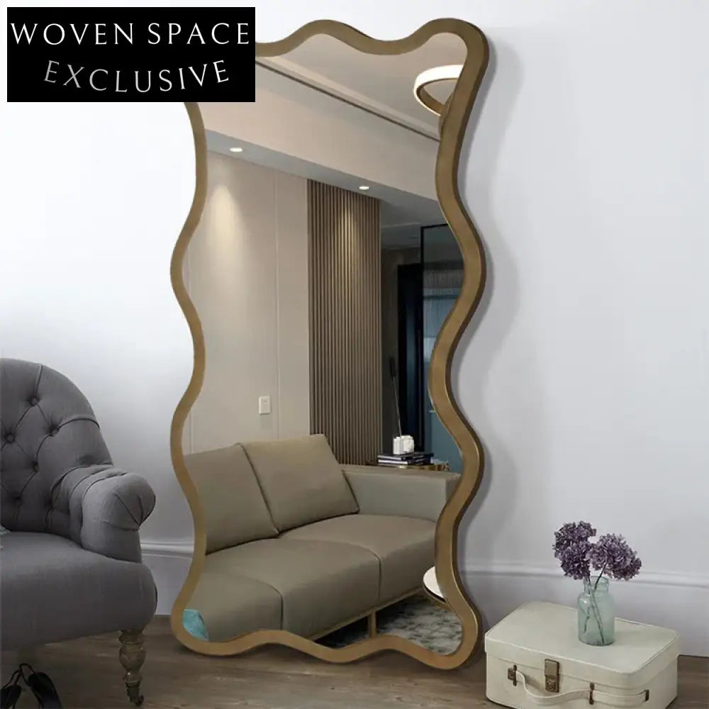 Chic Wavy Full Length Floor Mirror, Modern Wooden Frame Home Decor