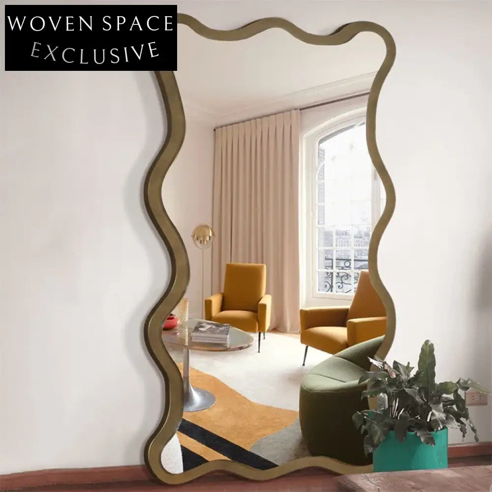 Chic Wavy Full Length Floor Mirror, Modern Wooden Frame Home Decor