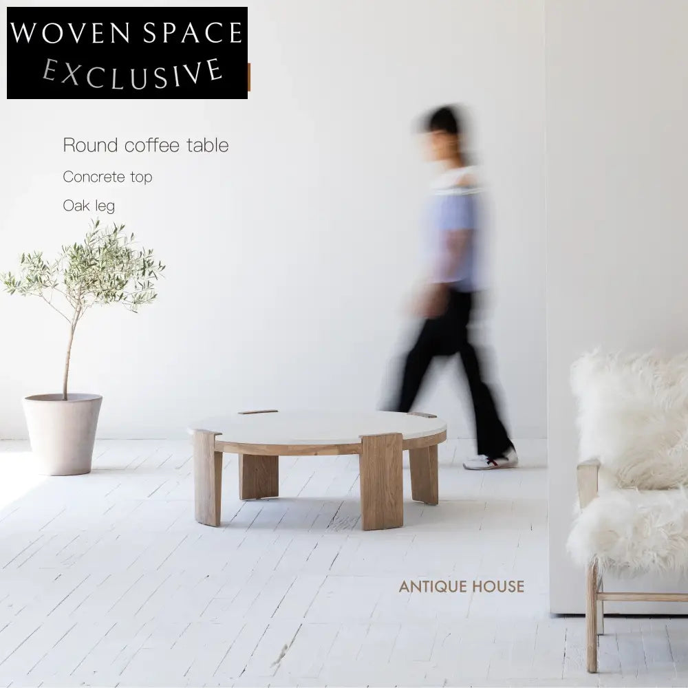 Artisan Round Concrete Coffee Table, Natural Oak Legs, Modern Industrial Design