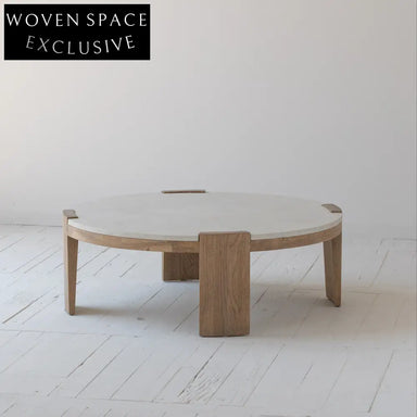 Artisan Round Concrete Coffee Table, Natural Oak Legs, Modern Industrial Design
