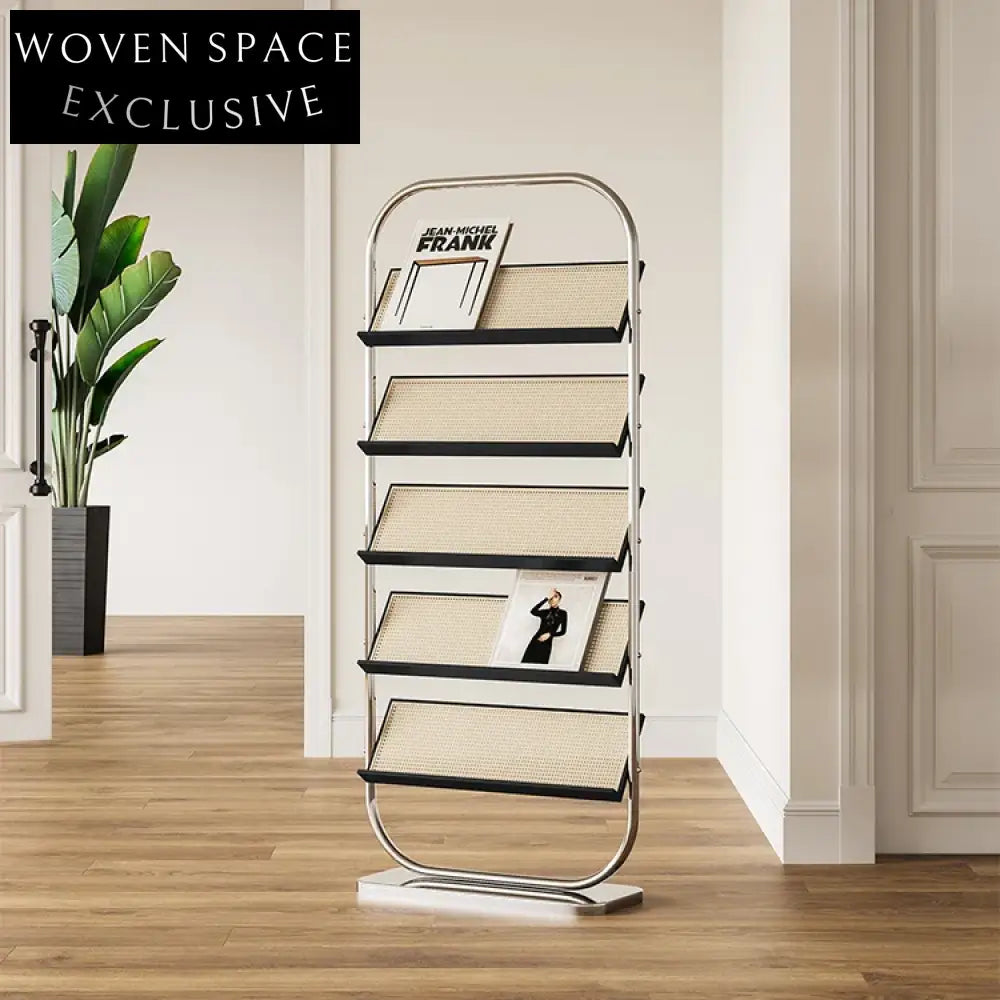 Newspaper Rack For Library Classic Metal & Rattan Library Newspaper Rack for Study Room Bookshelf ...