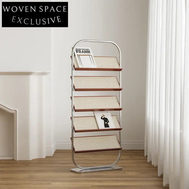 Classic Metal & Rattan Library Newspaper Rack for Study Room Bookshelf