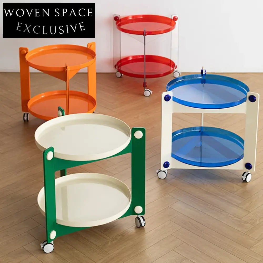 Colorful Round Plastic Sofa Side Table with Wheels and Storage Shelves