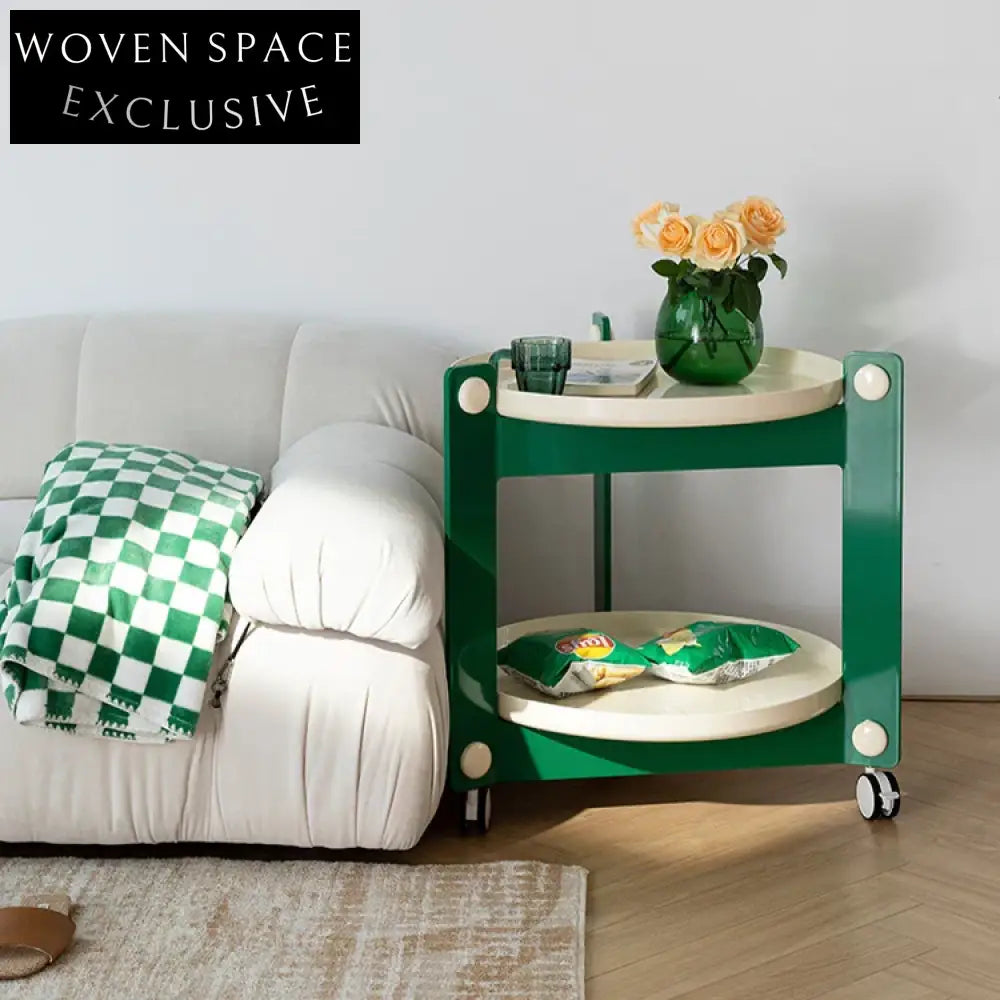 Colorful Round Plastic Sofa Side Table with Wheels and Storage Shelves