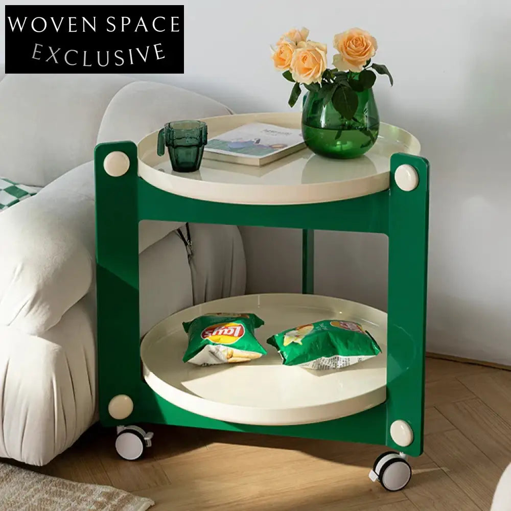 Colorful Round Plastic Sofa Side Table with Wheels and Storage Shelves