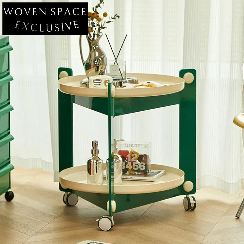 Colorful Round Plastic Sofa Side Table with Wheels and Storage Shelves