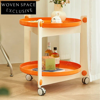 Colorful Round Plastic Sofa Side Table with Wheels and Storage Shelves