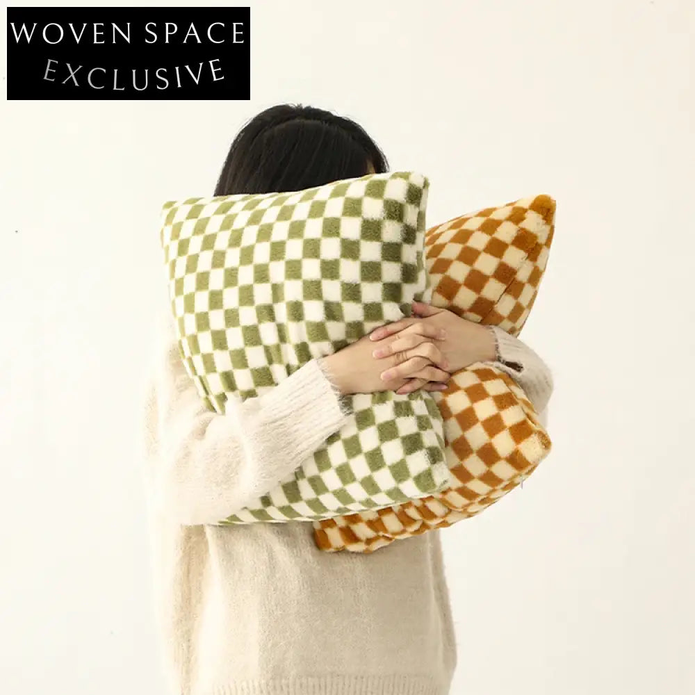 Comfortable Green Checkerboard Fabric Square Bed Pillow for Home Decor