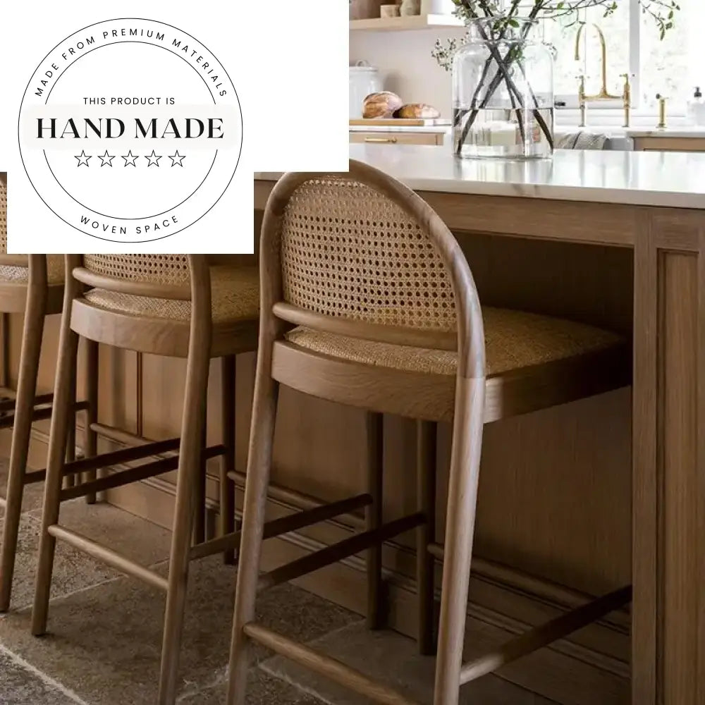 Contemporary Designer Weaving Rattan Wood Bar Stool for Kitchen & Counter